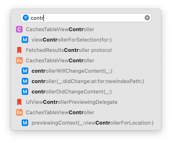 Xcode: Filtering the Document items list